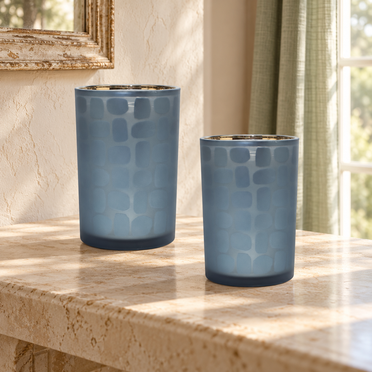 Navy Frosted Glass Candle Holder (Set of 2) in a styled home setting