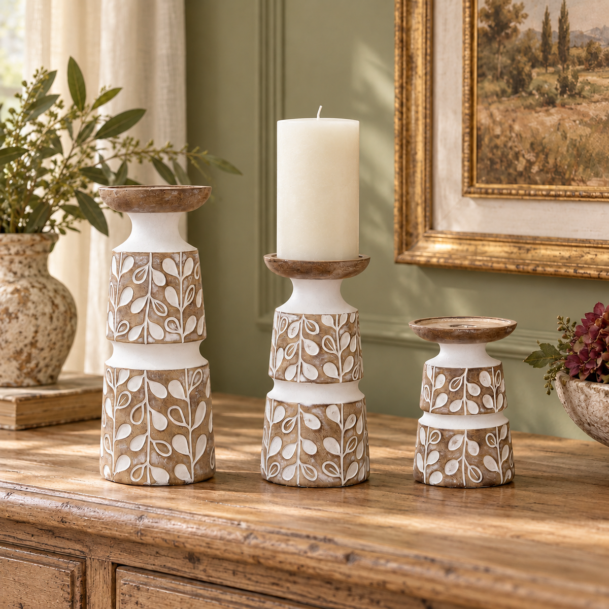 Leaf Pattern Candle Holder with Wood Design (Set of 3) in a styled home setting