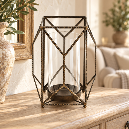 Geometric Iron Candle Holder 10"H in a styled home setting