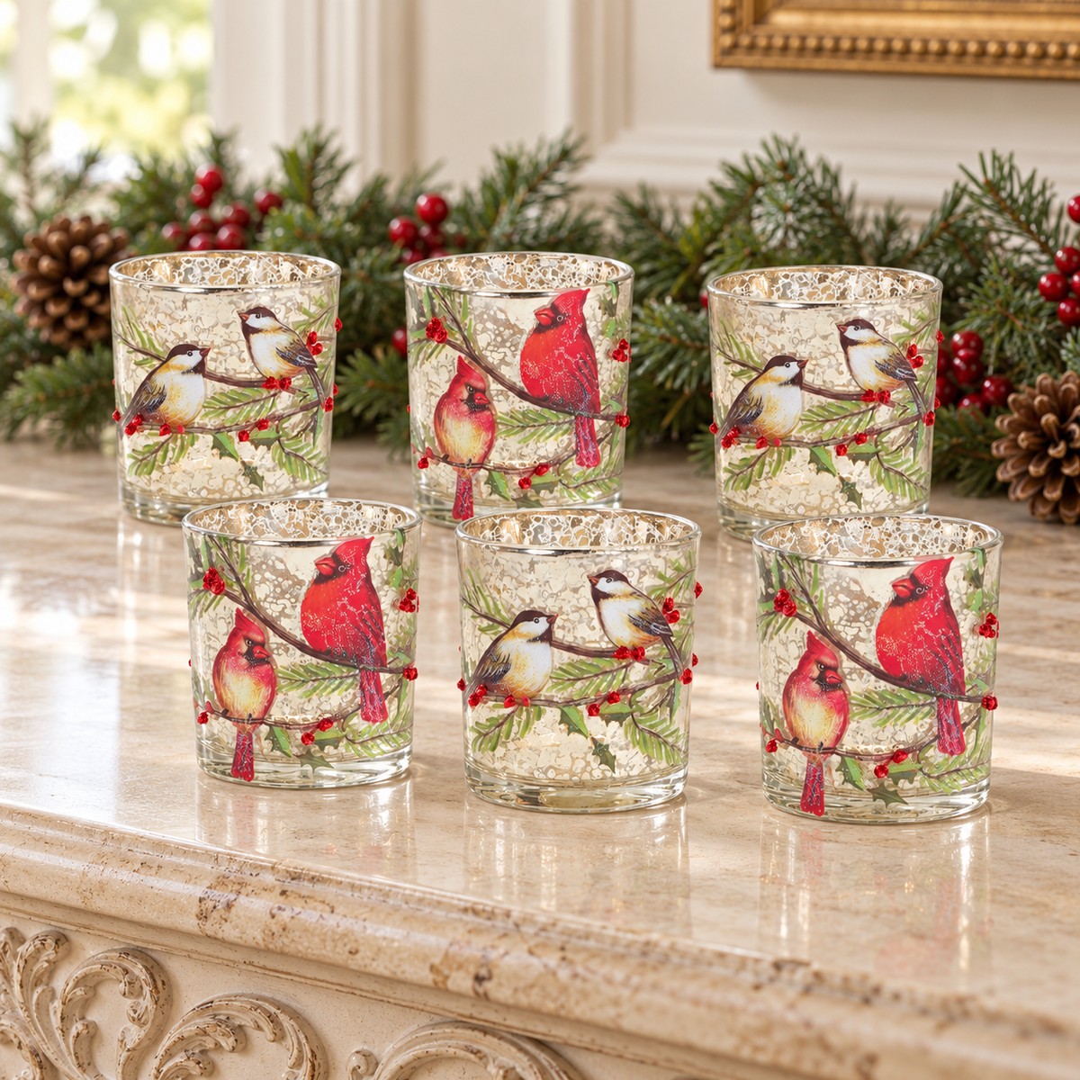 Mercury Glass Votive Candle Holder with Bird and Berry Branch (Set of 6) in a styled home setting