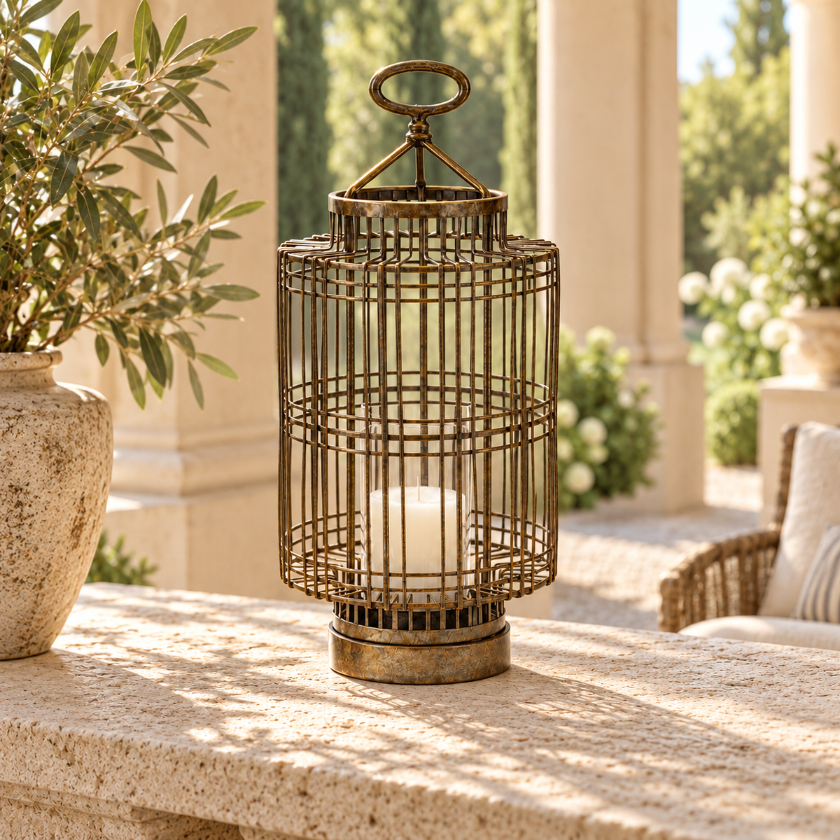 Candle Holder 8.5"D x 18.75"H Iron/Glass in a styled home setting