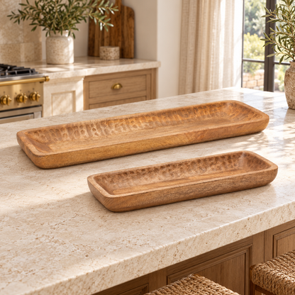 Natural Mango Wood Dough Bowl Tray (Set of 2) in a styled home setting