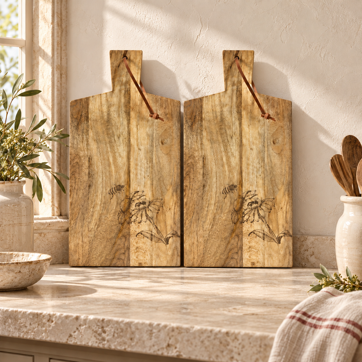 Natural Mango Wood Cutting Board with Etched Floral and Bee Design (Set of 2) in a styled home setting