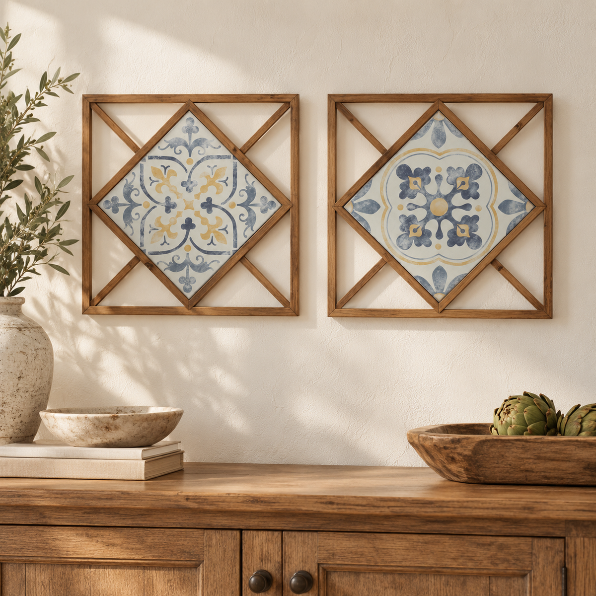 Framed Ornamental Wall Tile (Set of 2) 14.25"SQ in a styled home setting