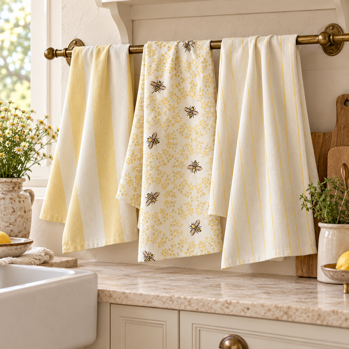 Bumble Bee Geometric Tea Towel (Set of 3) in a styled home setting