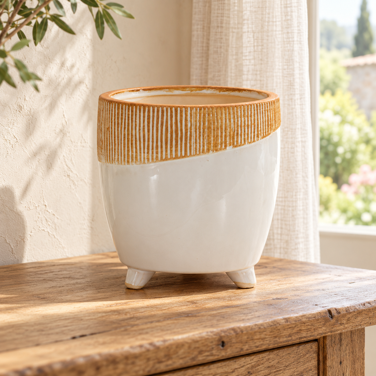 Dual Tone Ceramic Planter 7.75"H in a styled home setting
