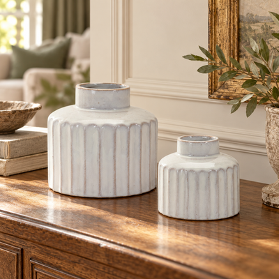 Ribbed Porcelain Vase with Washed Finish (Set of 2)