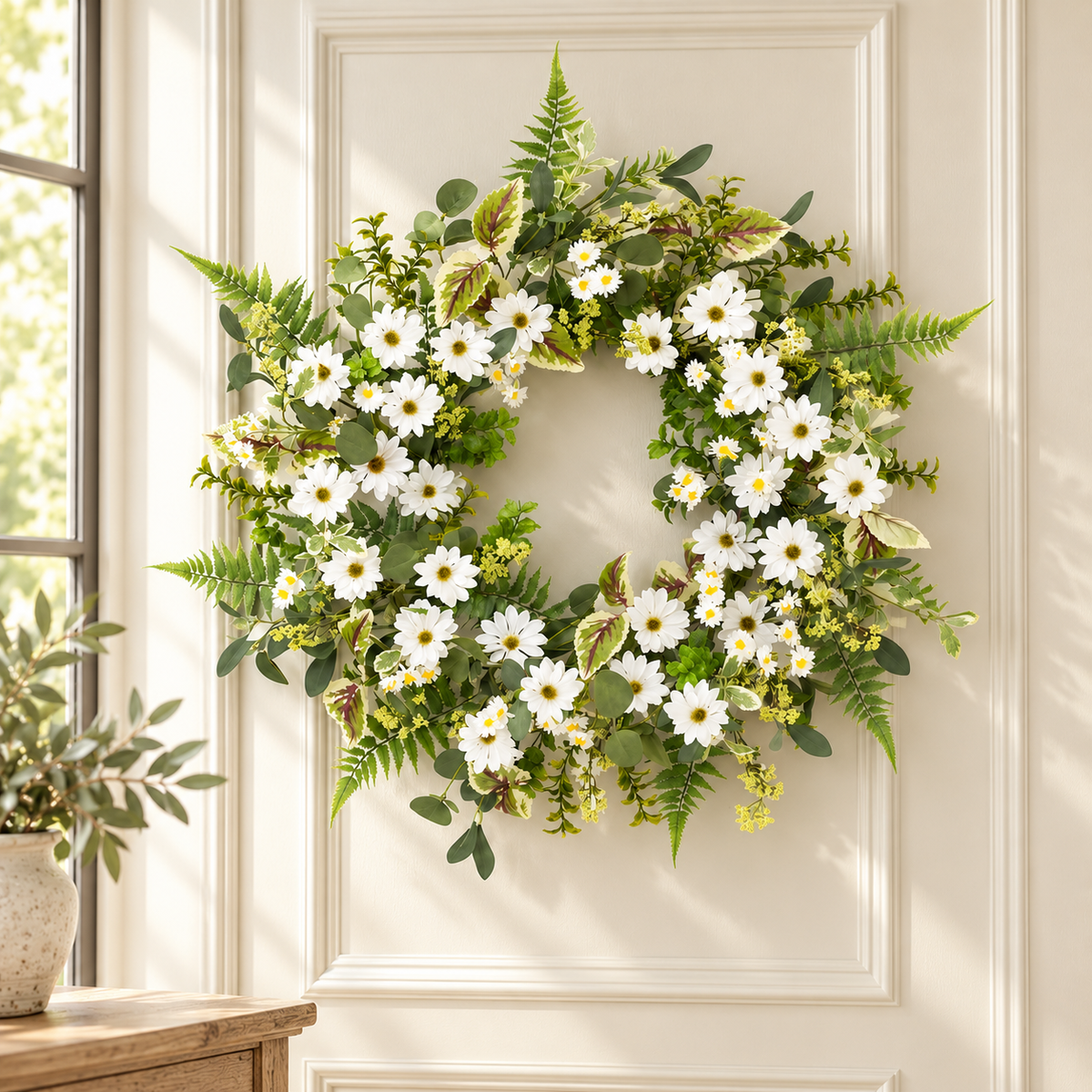 Mixed Fern and Daily Floral Wreath 22.5"D in a styled home setting