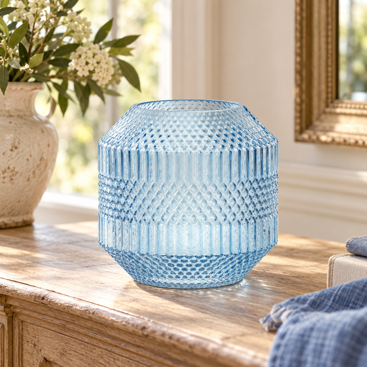 Diamond Pattern Blue Glass Vase or Candle Holder 8"H in a styled home setting