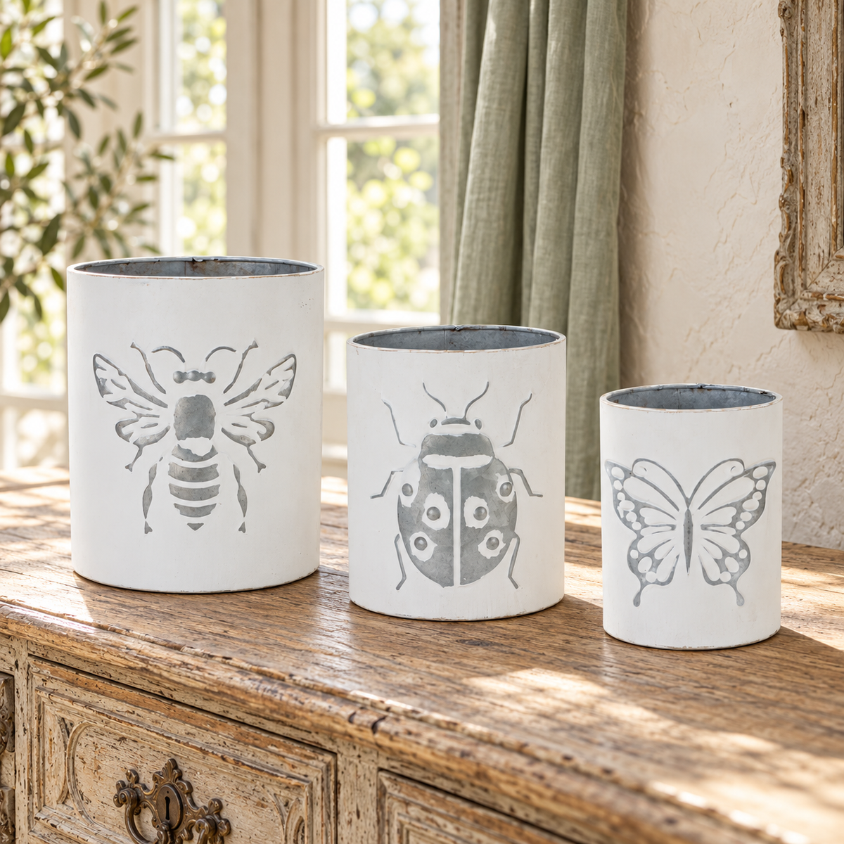Brushed Metal Insect Pot (Set of 3) in a styled home setting