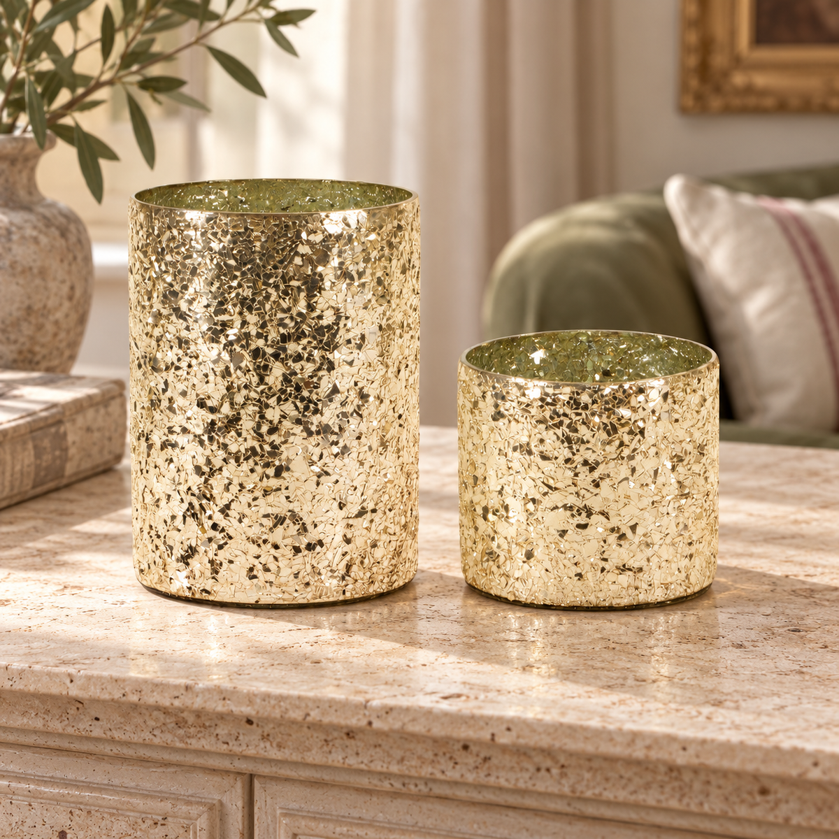 Gold Mosaic Glass Candle Holder (Set of 2) in a styled home setting