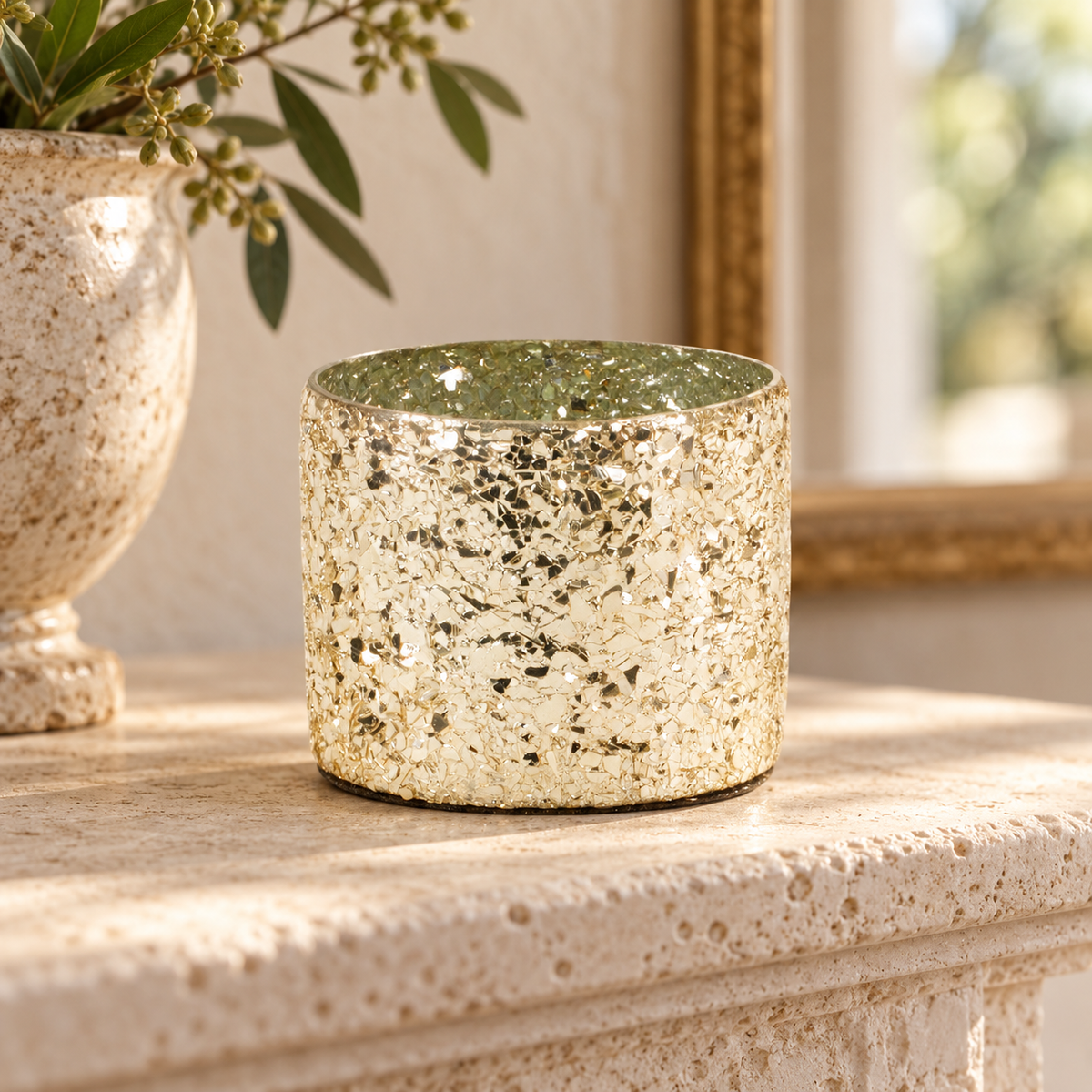 Votive Holder 3.5"D x 3.5"H Glass in a styled home setting