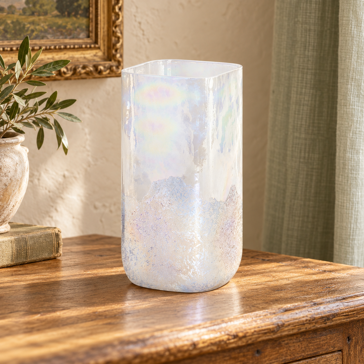Iridescent Glass Candle Holder 9"H in a styled home setting