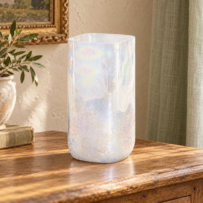 Iridescent Glass Candle Holder 9"H in a styled home setting
