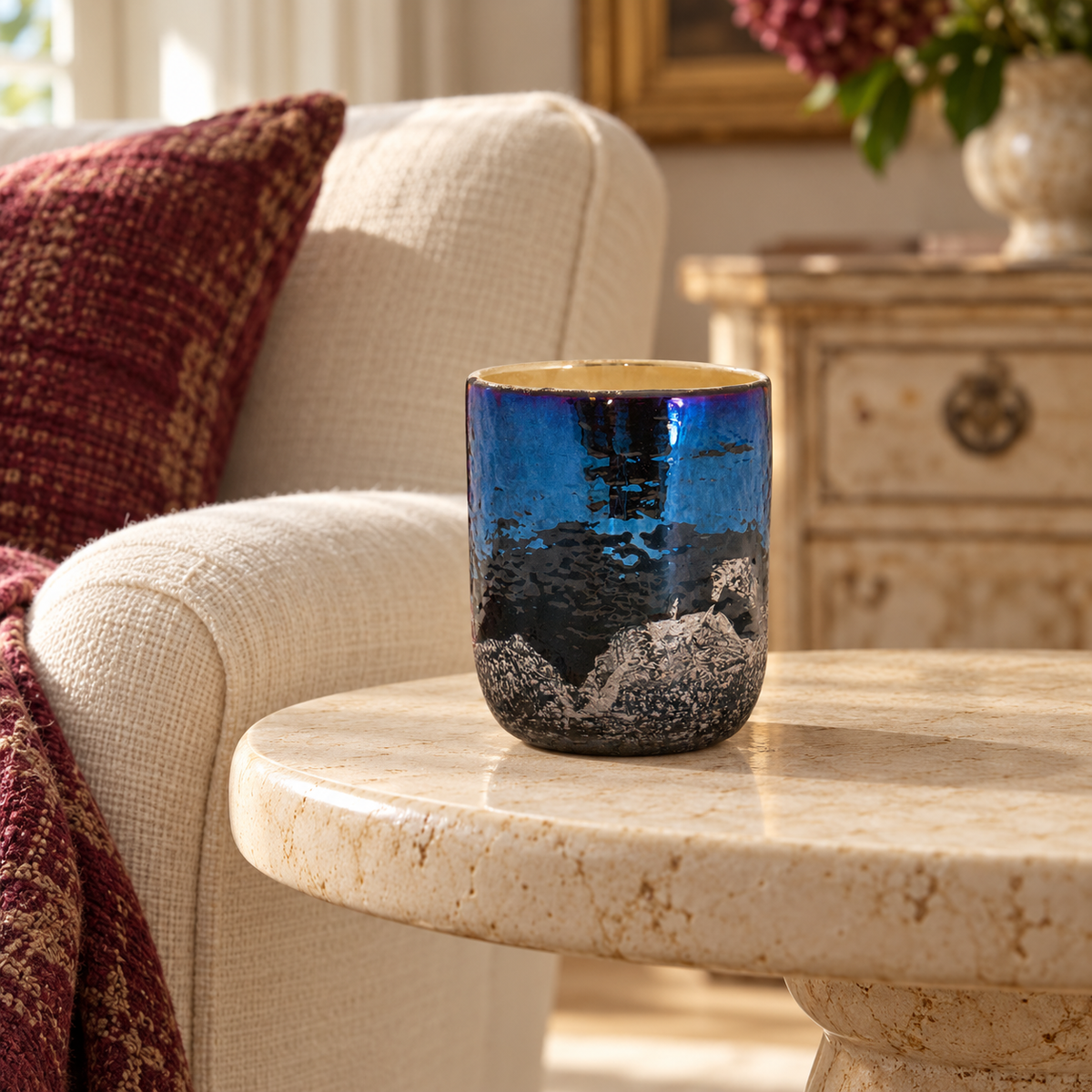 Irredescent Navy Glass Candle Holder in a styled home setting