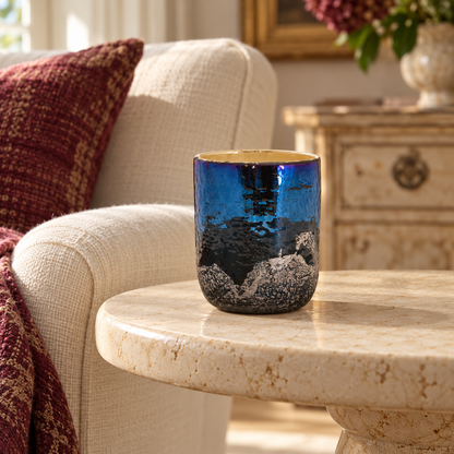Irredescent Navy Glass Candle Holder in a styled home setting