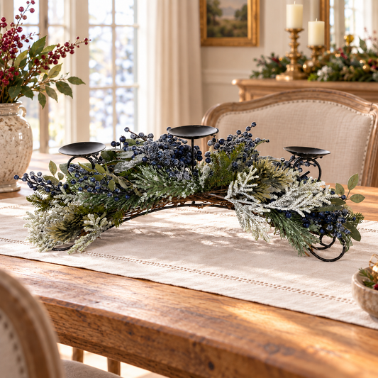 Frosted Pine Blueberry Centerpiece Candle Holder 31"L in a styled home setting