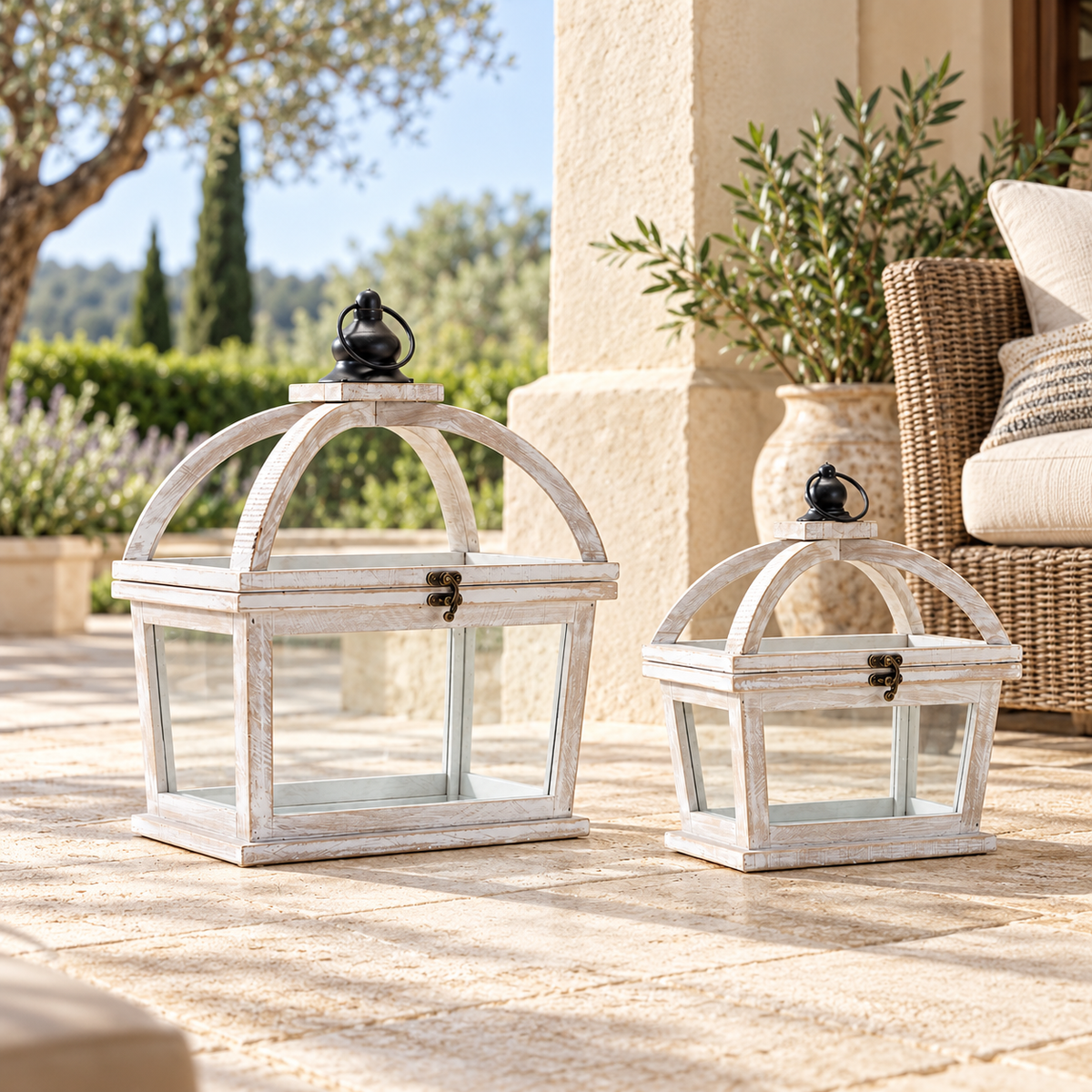 Tapered Wood Lantern with Open Lid (Set of 2) in a styled home setting