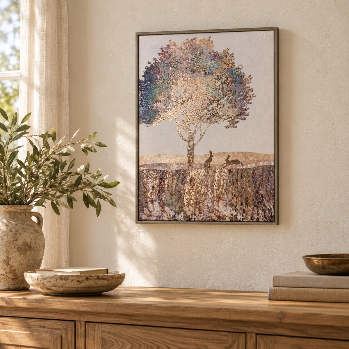 Framed Tree and Rabbit Print 15.5"H in a styled home setting
