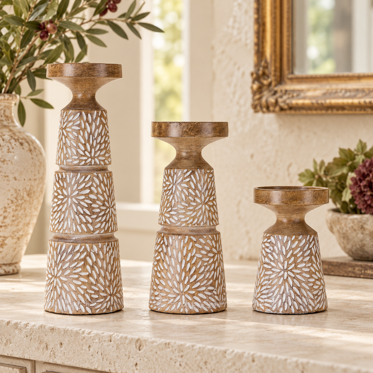 Etched Candle Holder with Wood Grain Design (Set of 3) in a styled home setting