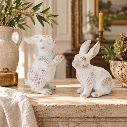 White Washed Rabbit Figurine (Set of 2) in a styled home setting
