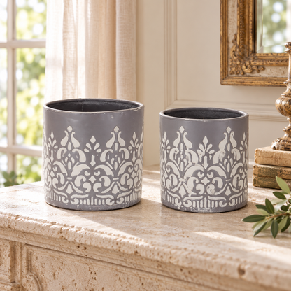 Ornate Metal Planter (Set of 2) in a styled home setting