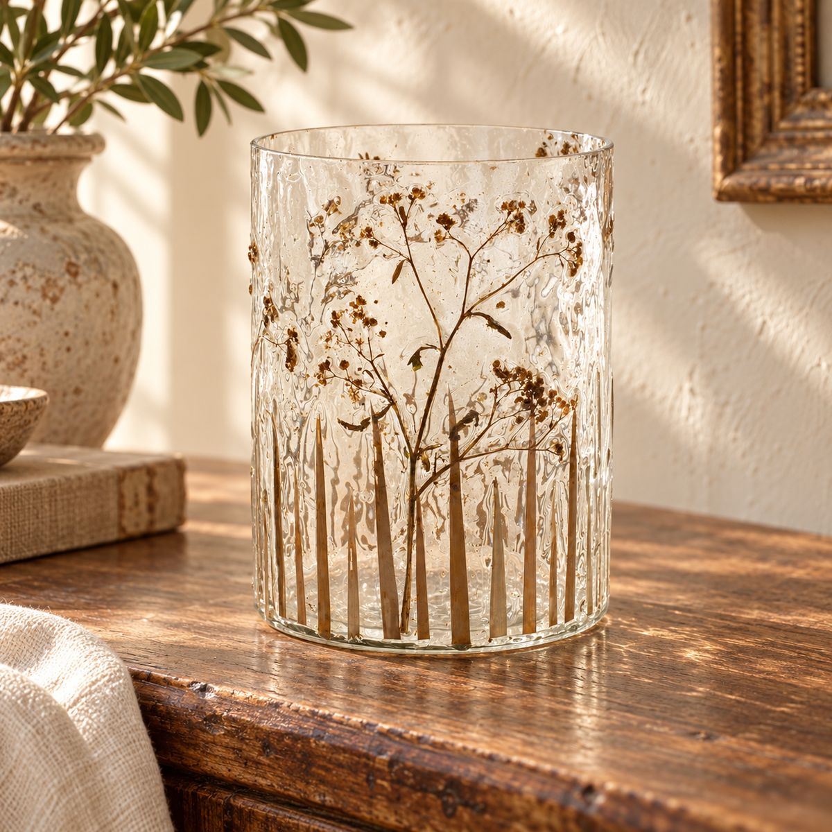 Dried Floral Glass Candle Holder 8"H in a styled home setting