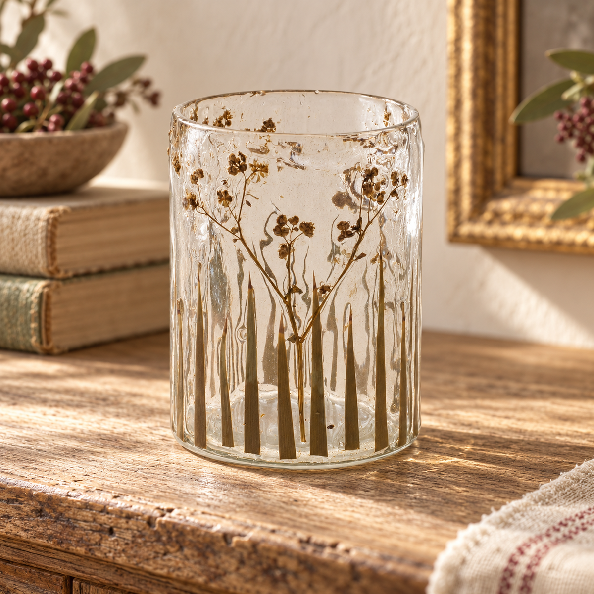 Dried Floral Glass Candle Holder (Set of 3) in a styled home setting
