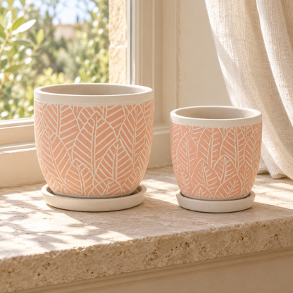 Stone Planter with Plate (Set of 2) in a styled home setting