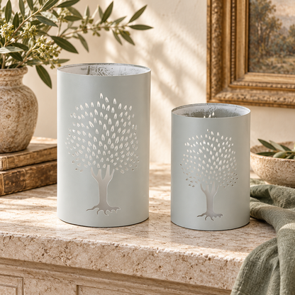 Punched Metal Tree Candle Holder (Set of 2) in a styled home setting