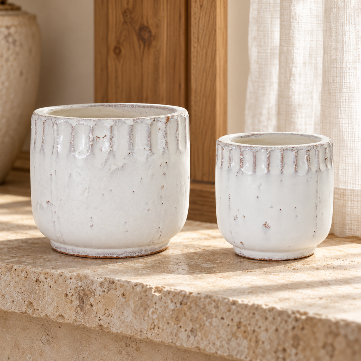 Distressed Terra Cotta Planter (Set of 2) in a styled home setting