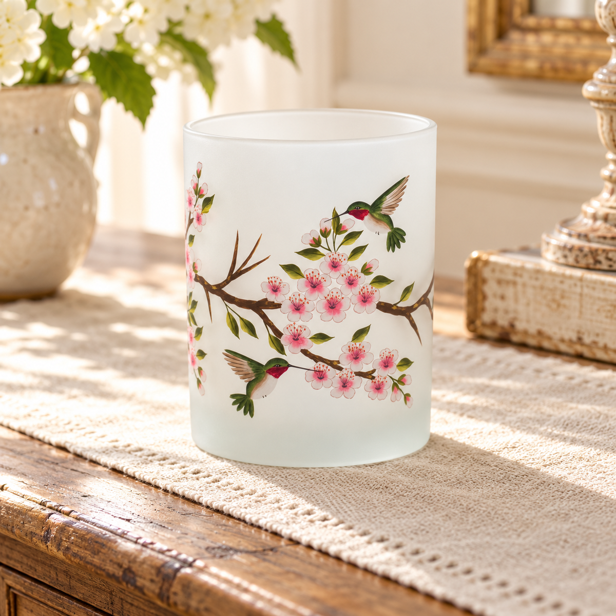 Glass Hummingbird Votive Candle Holder (Set of 6) in a styled home setting