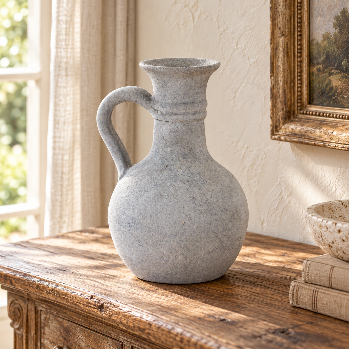 Grey Pitcher Vase 9"H in a styled home setting