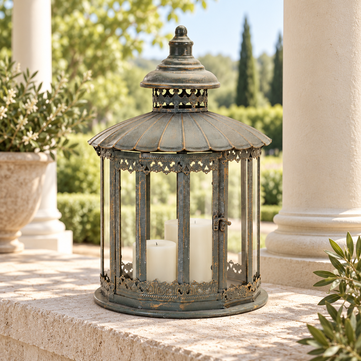 Ornate Round Brushed Metal Lantern 20"H in a styled home setting