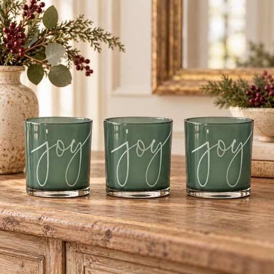 Green Glass Joy Candle Holder (Set of 3) in a styled home setting