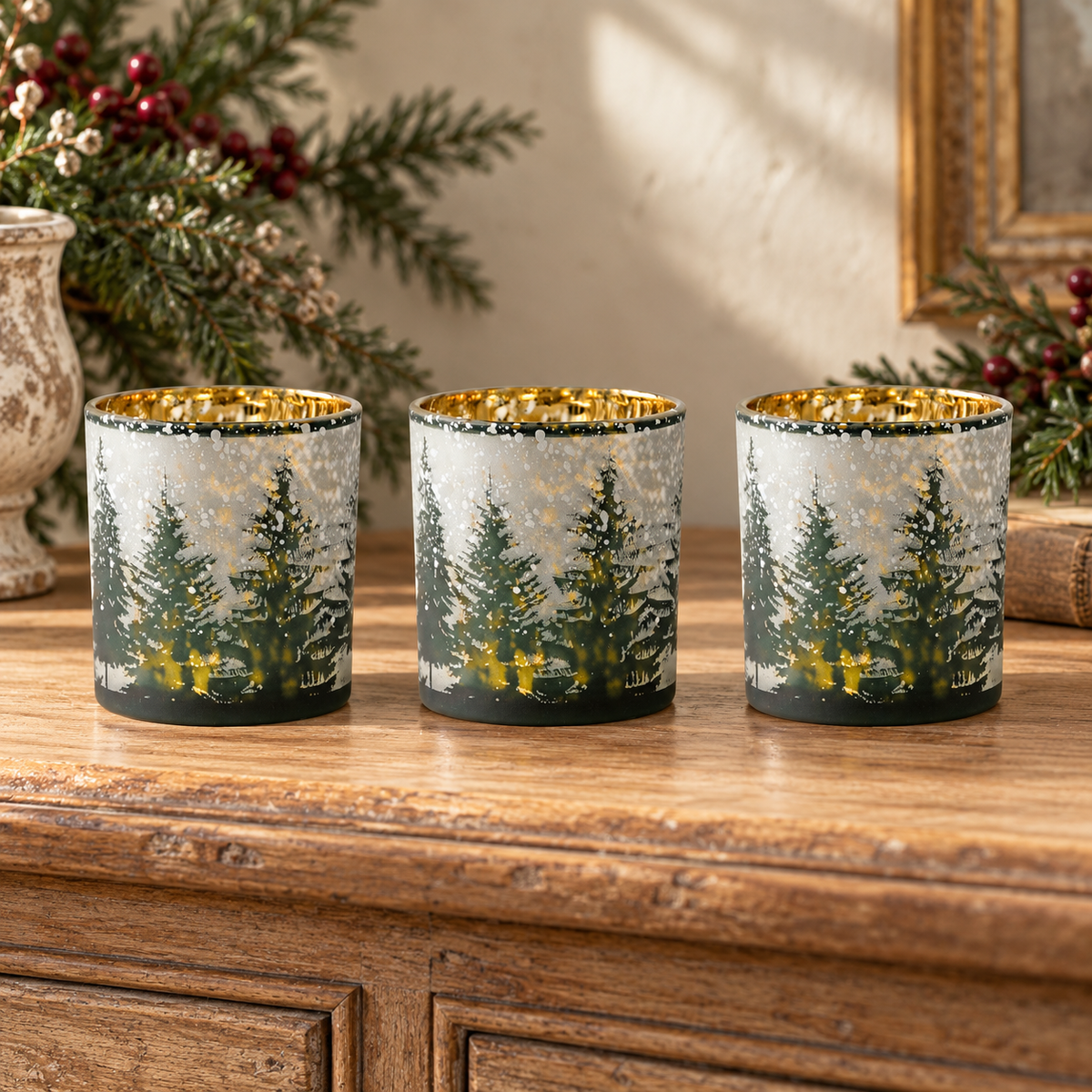 Frosted Pine Mercury Glass Candle Holder (Set of 3) in a styled home setting