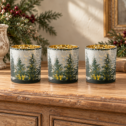 Frosted Pine Mercury Glass Candle Holder (Set of 3) in a styled home setting