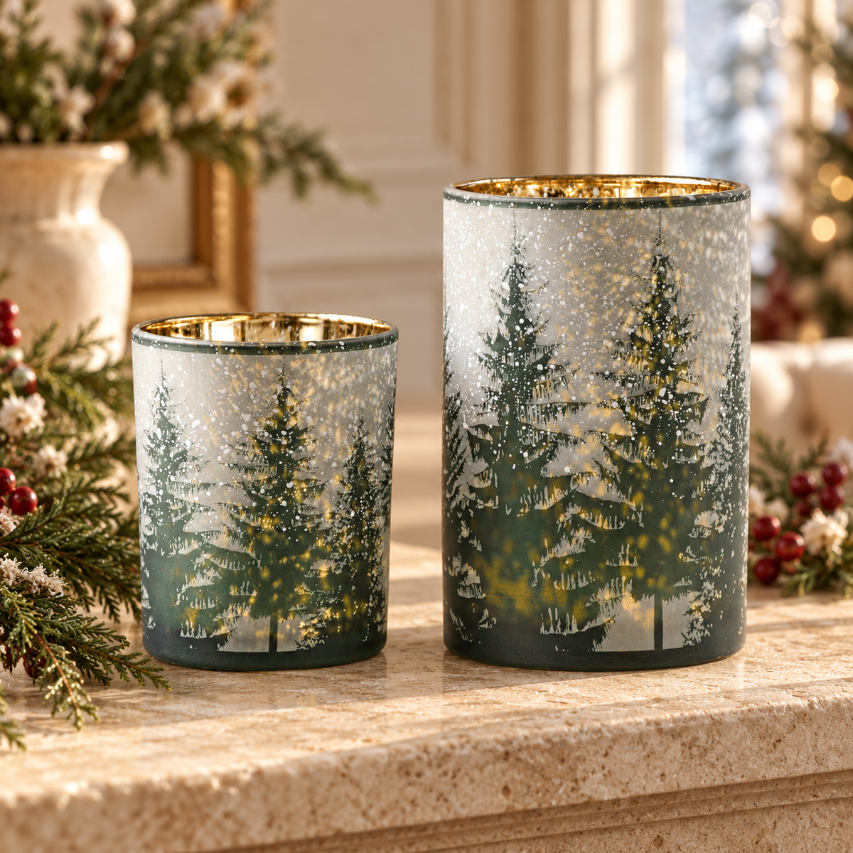 Frosted Pine Mercury Glass Candle Holder (Set of 2) in a styled home setting