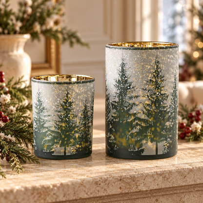 Frosted Pine Mercury Glass Candle Holder (Set of 2) in a styled home setting