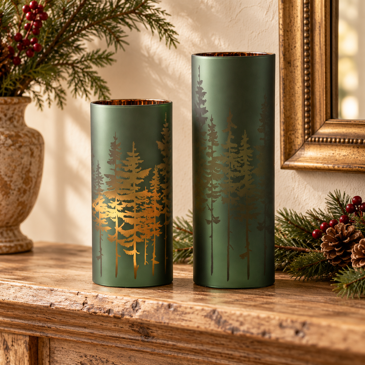 Frosted Pine Trees Glass Candle Holder (Set of 2) in a styled home setting