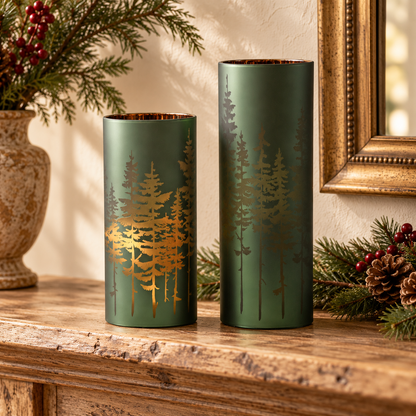 Frosted Pine Trees Glass Candle Holder (Set of 2) in a styled home setting