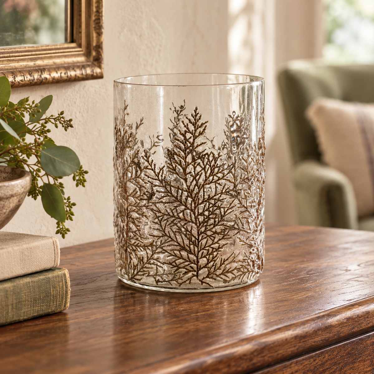 Dried Cedar Glass Candle Holder 8"H in a styled home setting