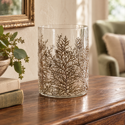 Dried Cedar Glass Candle Holder 8"H in a styled home setting