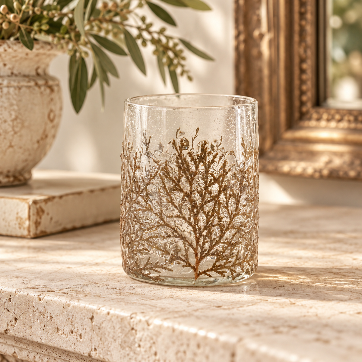 Dried Cedar Glass Candle Holder (Set of 3) in a styled home setting