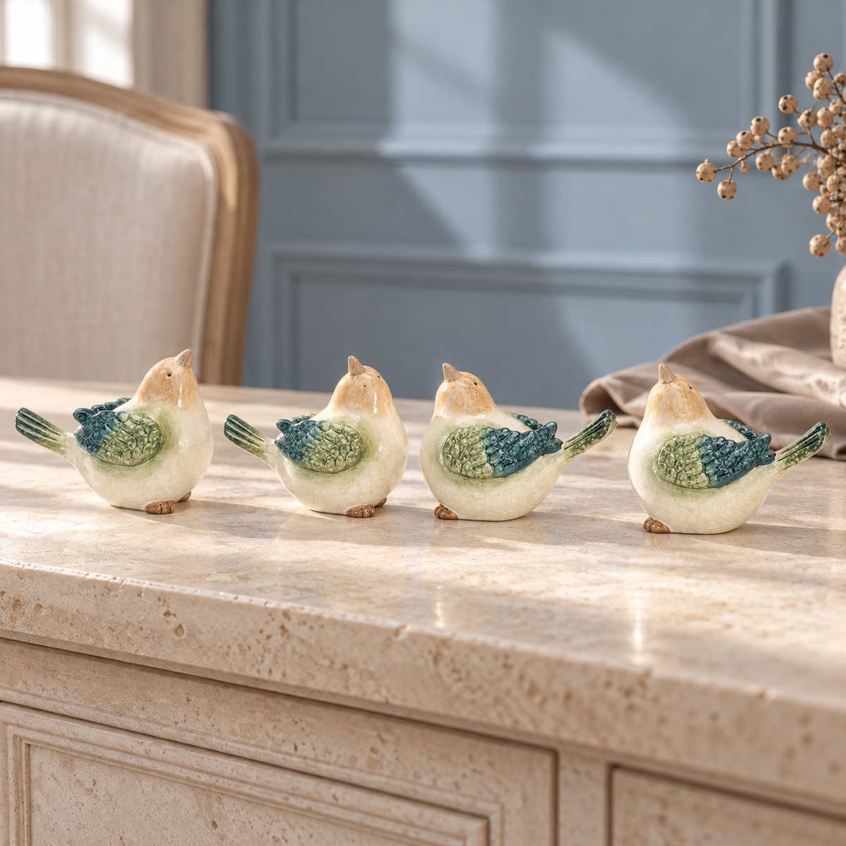 Terra Cotta Bird Figurine (Set of 4) in a styled home setting
