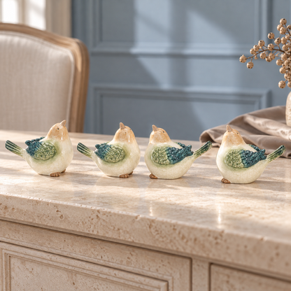Terra Cotta Bird Figurine (Set of 4) in a styled home setting
