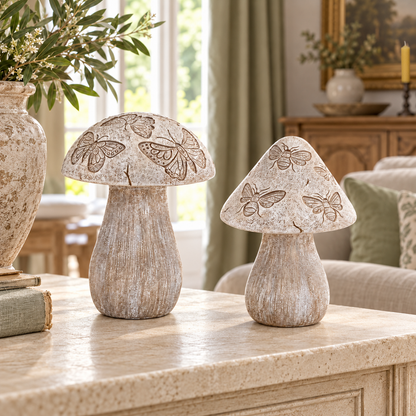 Bumble Bee and Butterfly Print Mushroom (Set of 2) in a styled home setting
