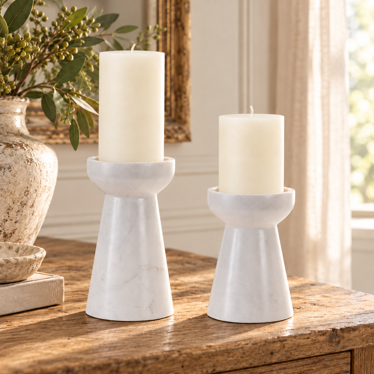 Modern Marble Candle Holder (Set of 2) in a styled home setting