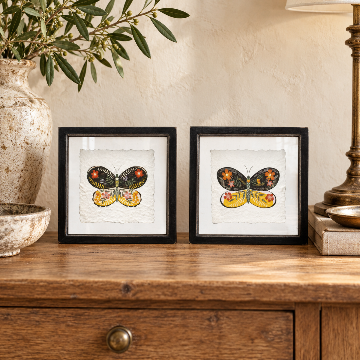 Framed Butterfly Block (Set of 2) in a styled home setting