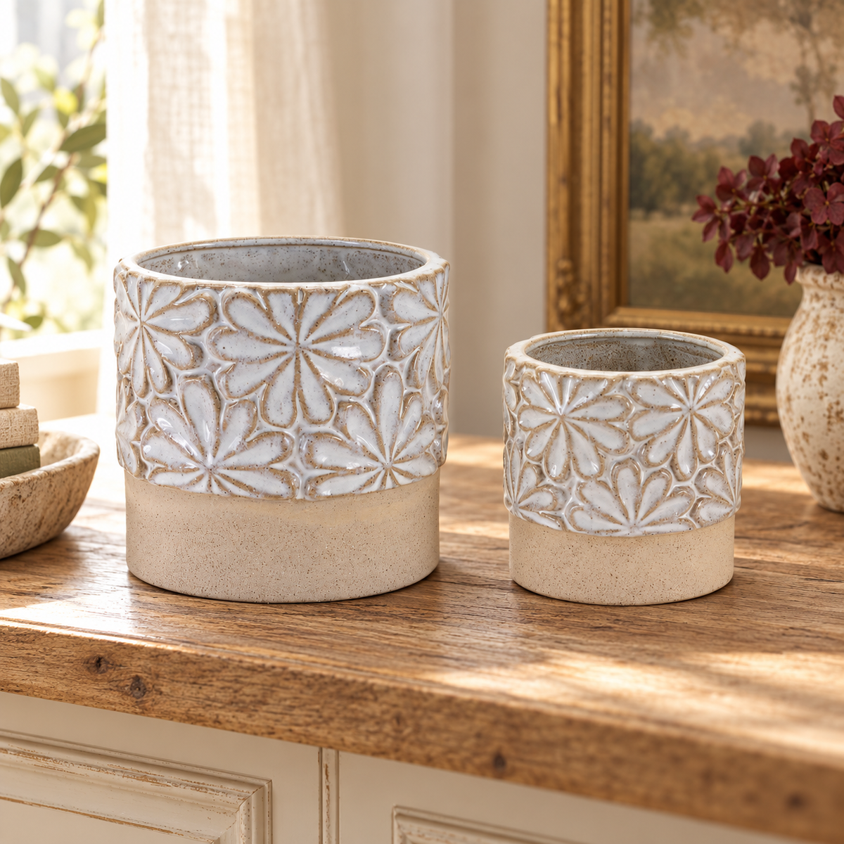 Ceramic Floral Planter (Set of 2) in a styled home setting
